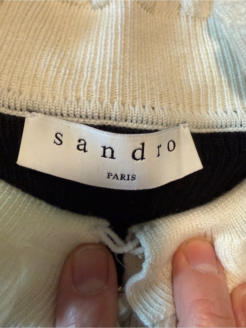 Sandro Paris Black Rib Knit Ruffle Collar Pearl Sweater Top S - Picture 3 of 8